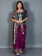 Aabha Wine & Green Kalamkari Chanderi Insta Saree Set