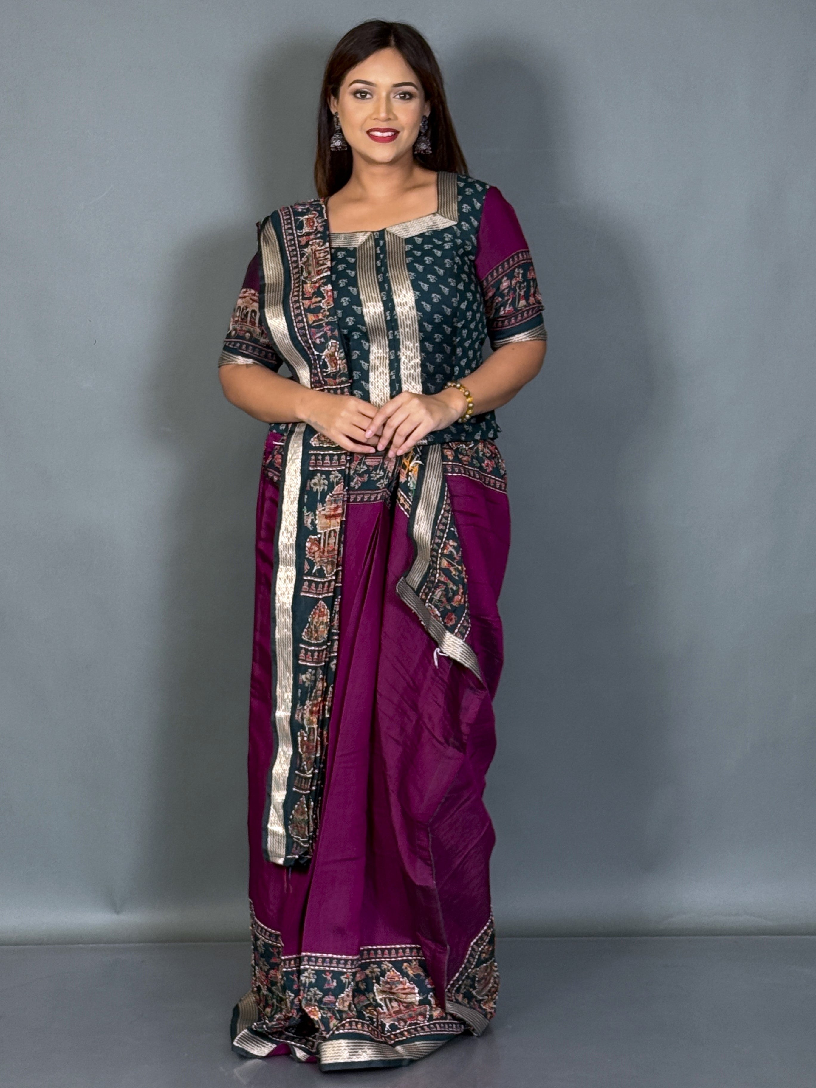Aabha Wine & Green Kalamkari Chanderi Insta Saree Set