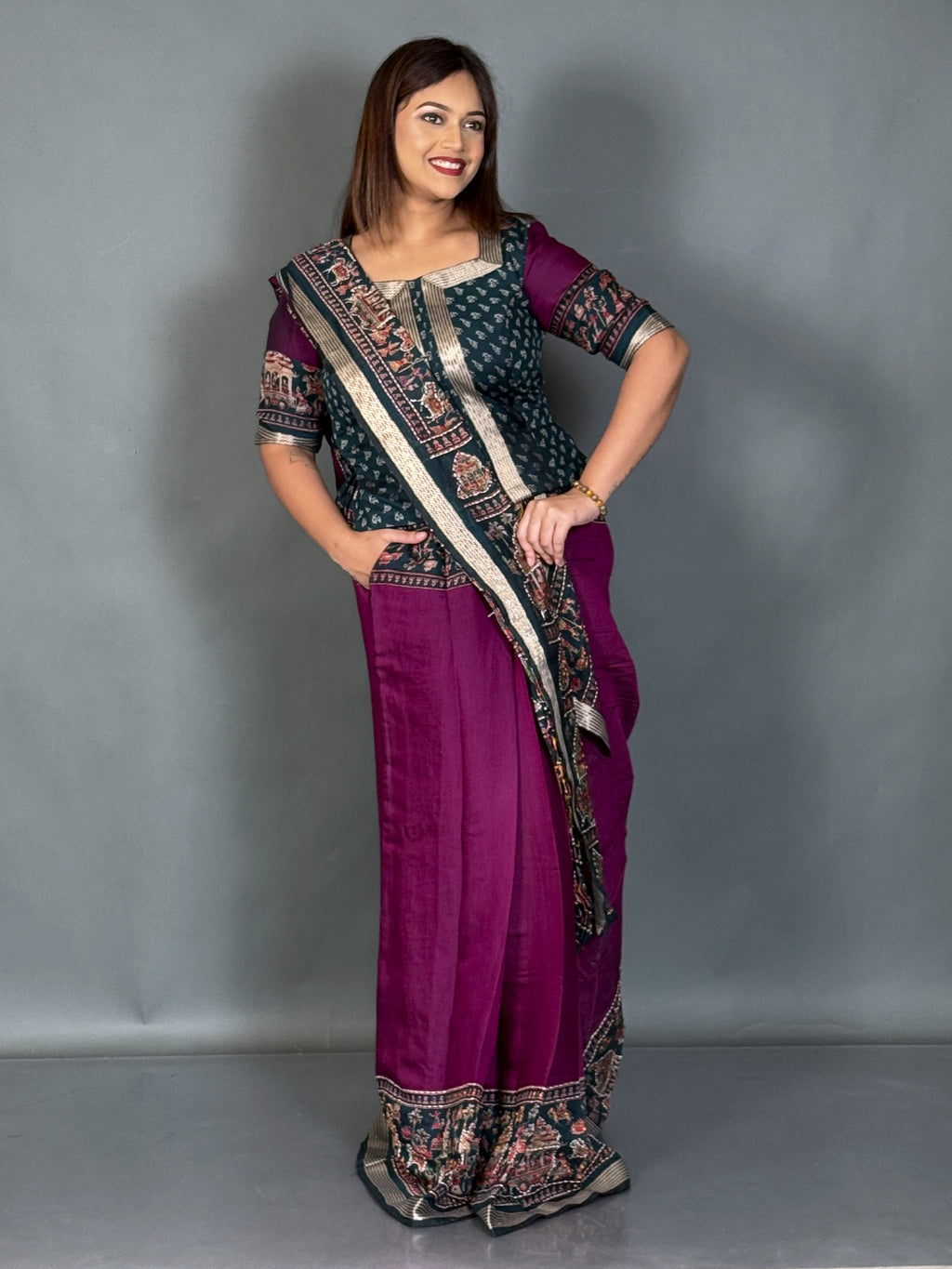 Aabha Wine & Green Kalamkari Chanderi Insta Saree Set