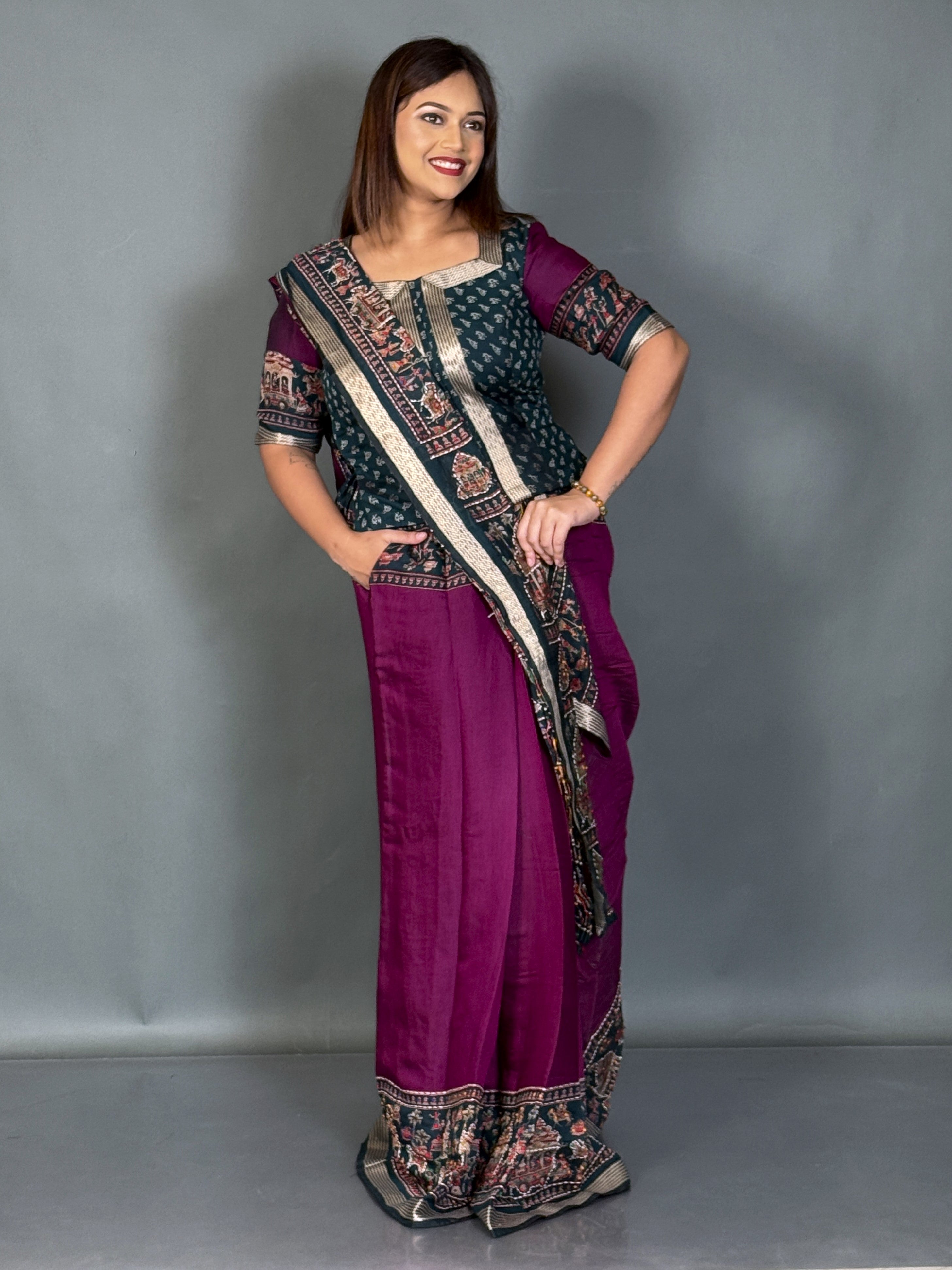 Aabha Wine & Green Kalamkari Chanderi Insta Saree Set