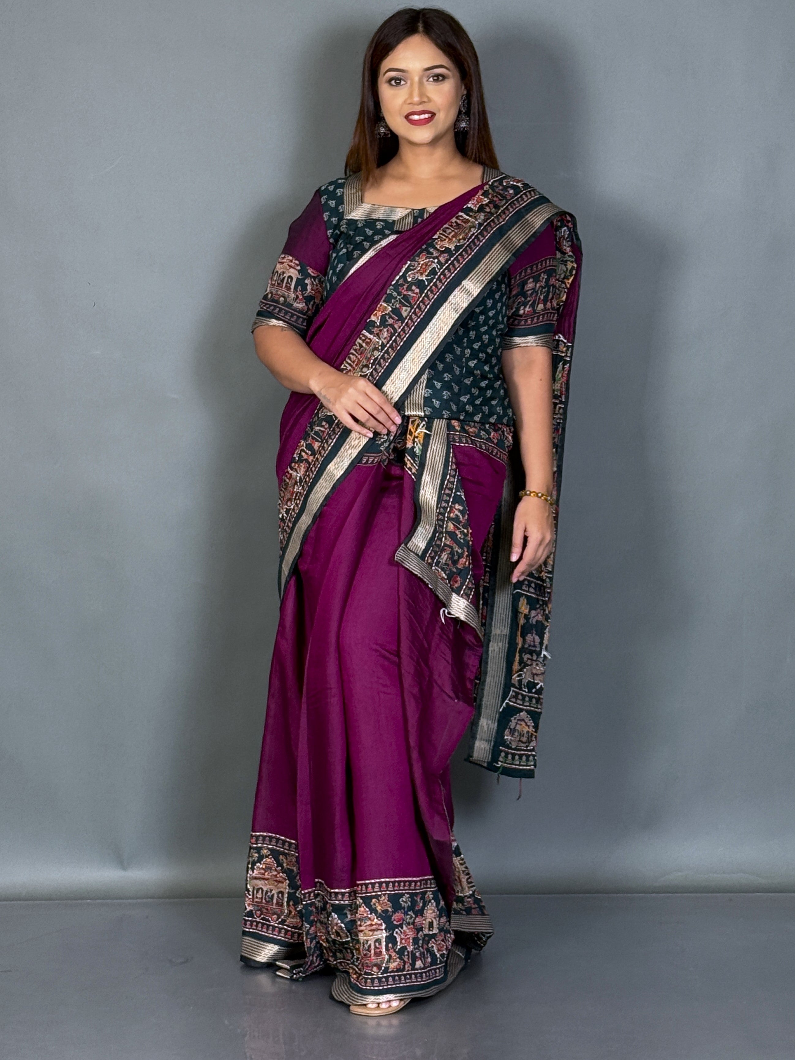Aabha Wine & Green Kalamkari Chanderi Insta Saree Set