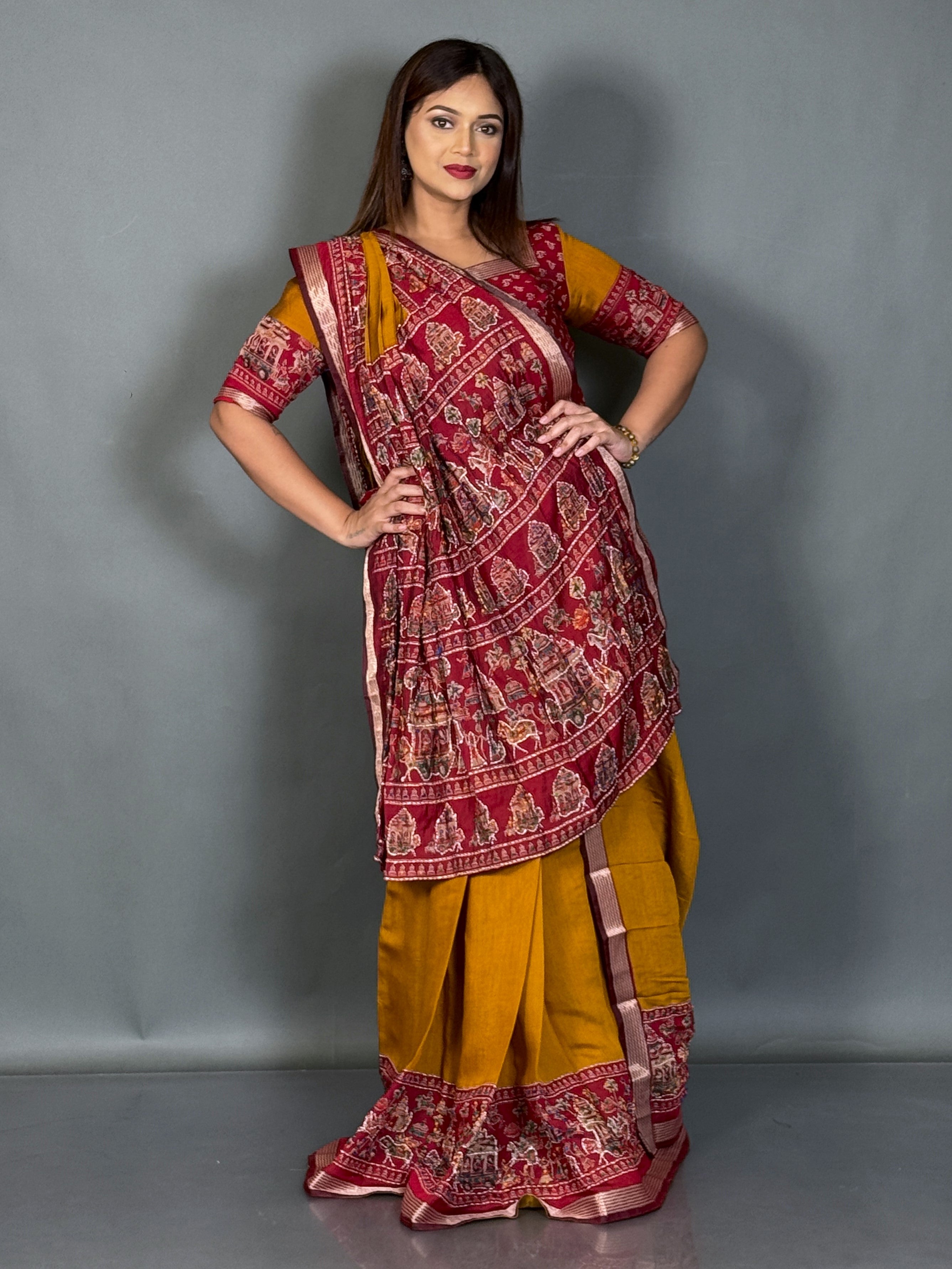 Prakriti Mustard & Maroon Kalamkari Chanderi Insta Saree Saree