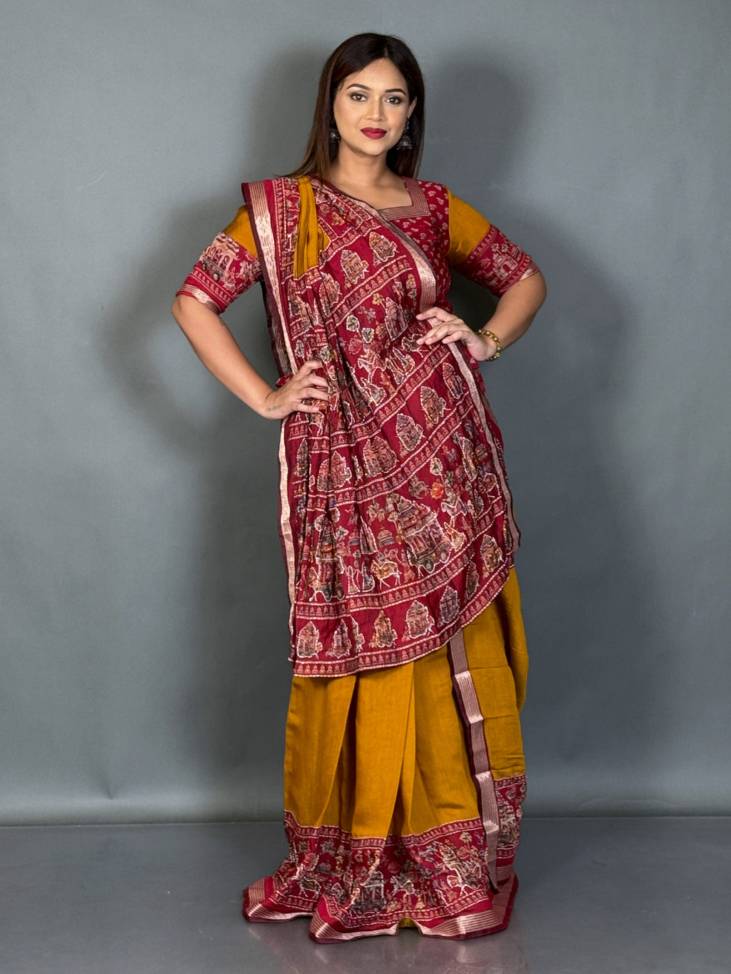 Prakriti Mustard & Maroon Kalamkari Chanderi Insta Saree Saree