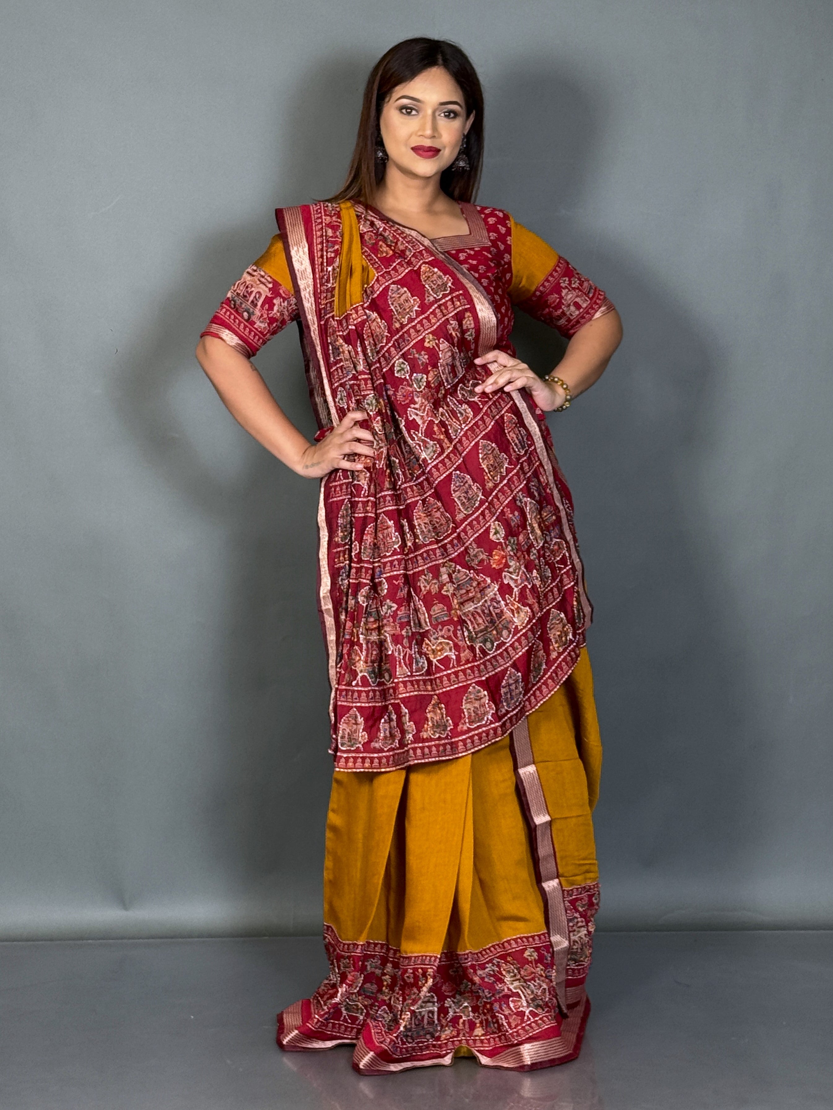 Prakriti Mustard & Maroon Kalamkari Chanderi Insta Saree Saree