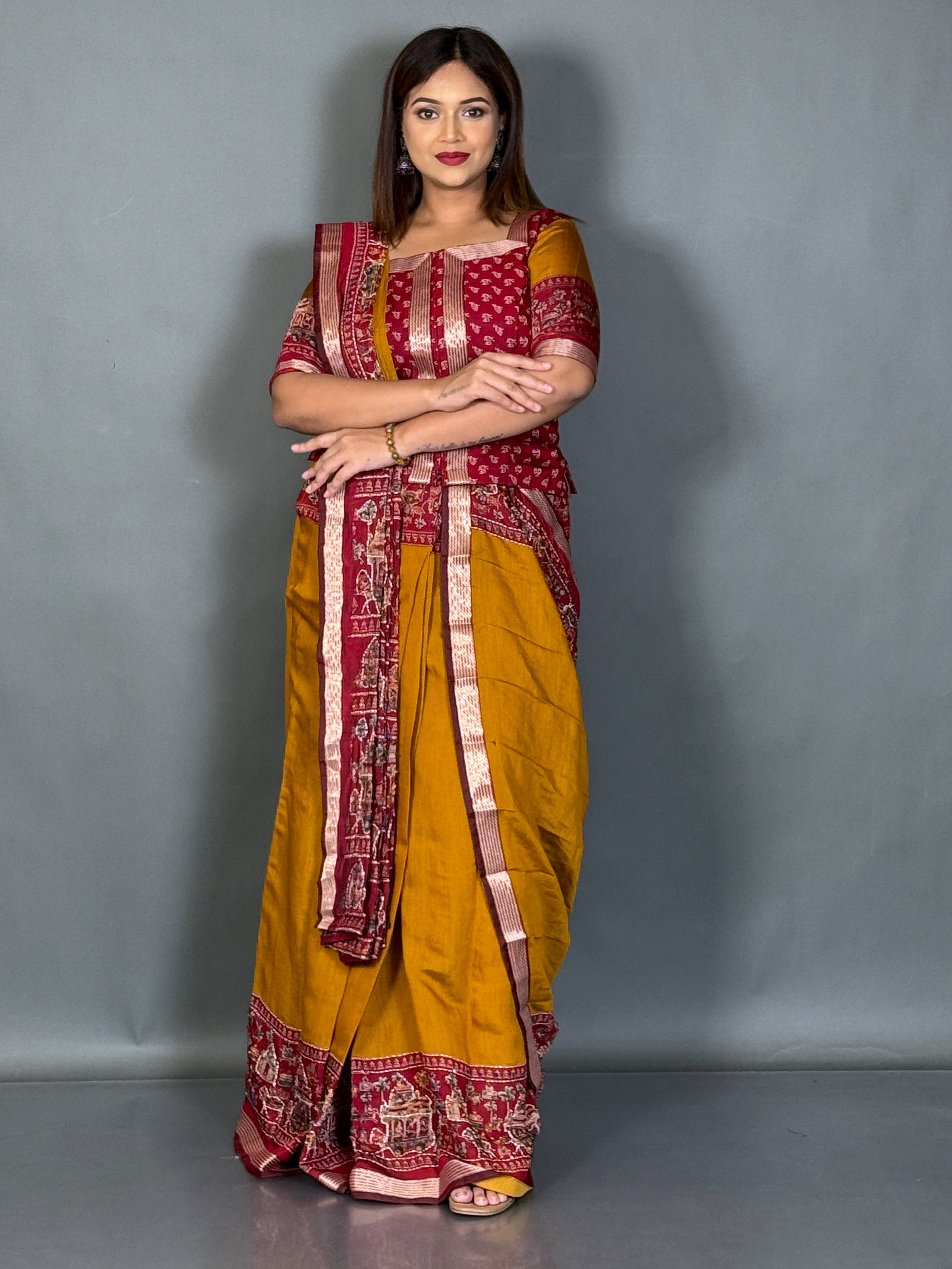 Prakriti Mustard & Maroon Kalamkari Chanderi Insta Saree Saree