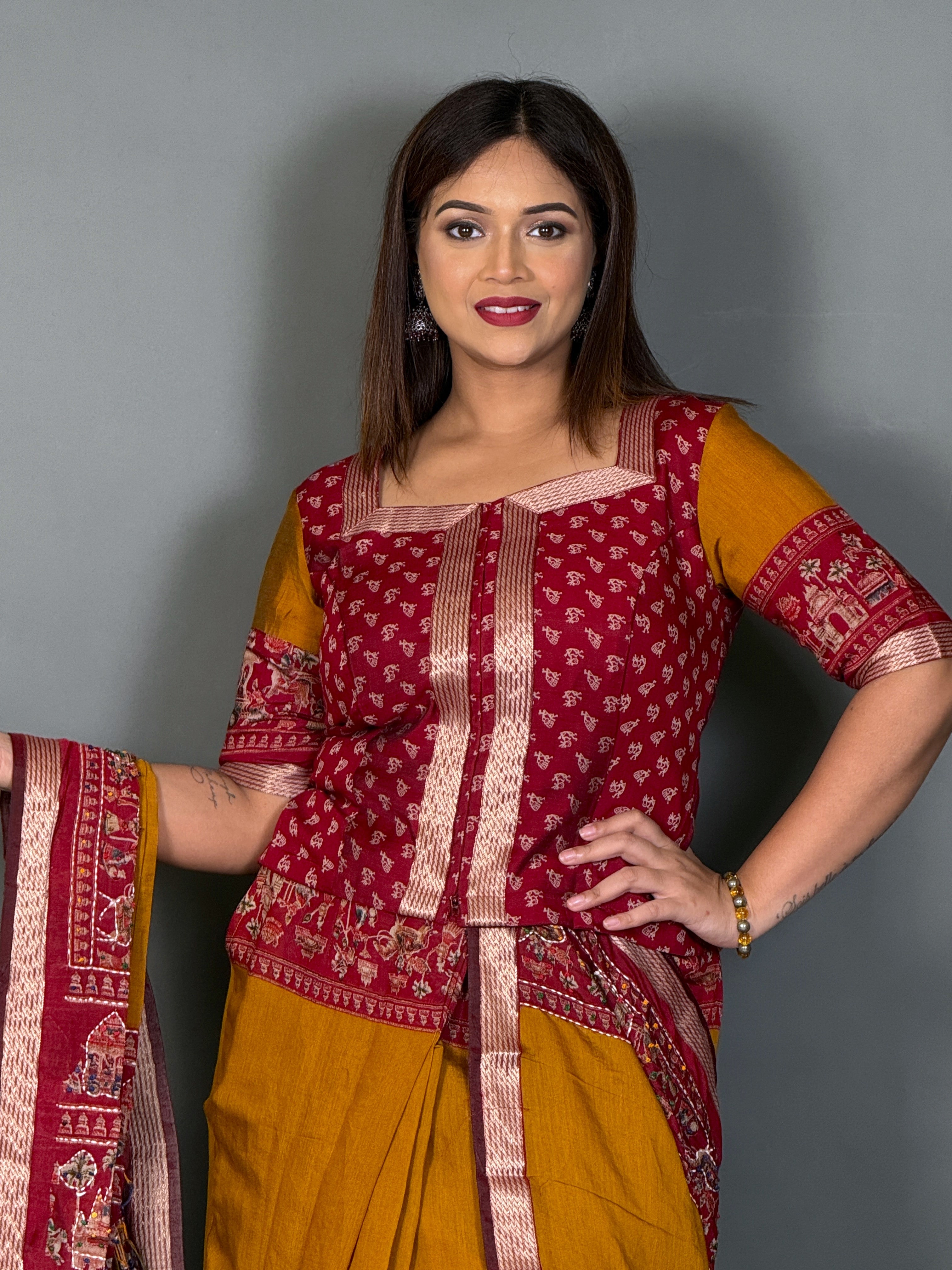 Prakriti Mustard & Maroon Kalamkari Chanderi Insta Saree Saree