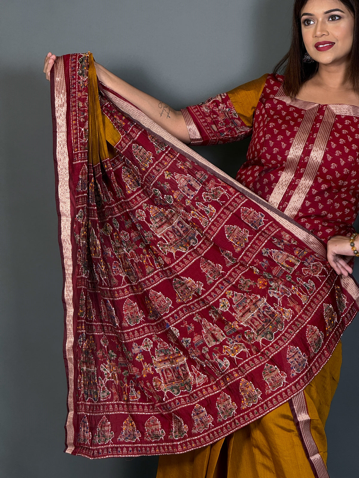 Prakriti Mustard & Maroon Kalamkari Chanderi Insta Saree Saree