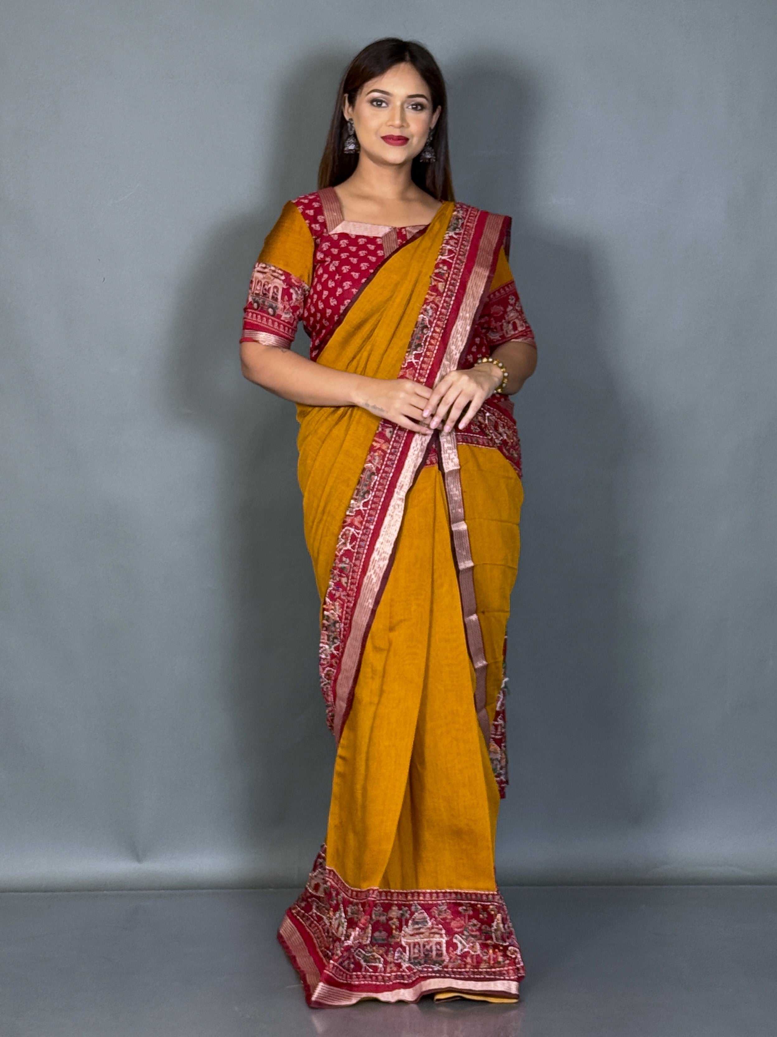 Prakriti Mustard & Maroon Kalamkari Chanderi Insta Saree Saree