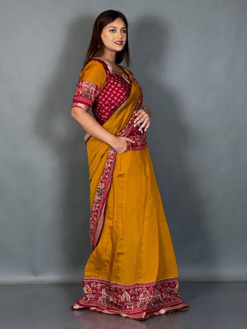 Prakriti Mustard & Maroon Kalamkari Chanderi Insta Saree Saree