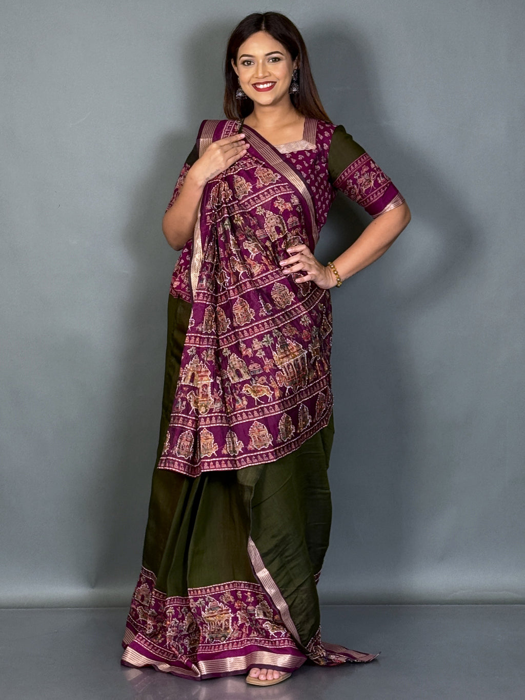 Aaranya Dark Olive & Wine Kalamkari Chanderi Insta Saree Set