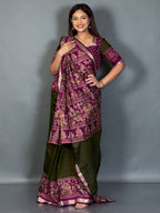 Aaranya Dark Olive & Wine Kalamkari Chanderi Insta Saree Set