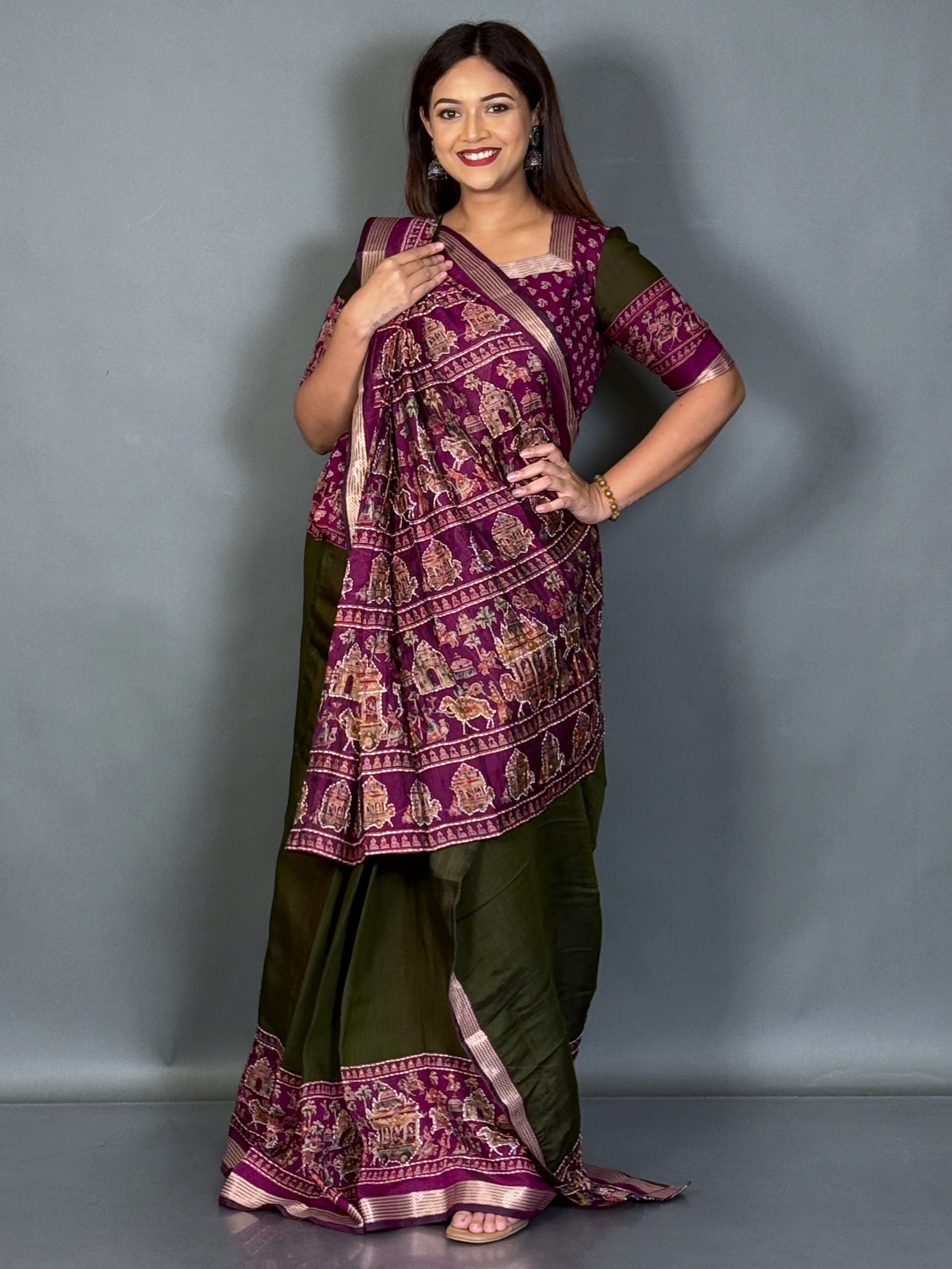 Aaranya Dark Olive & Wine Kalamkari Chanderi Insta Saree Set