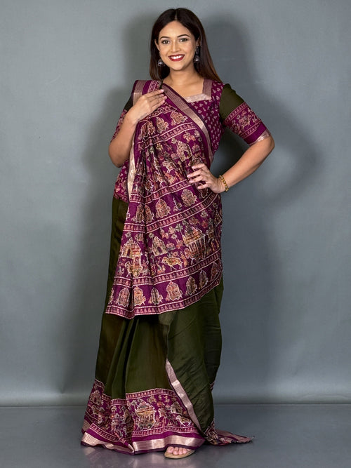 Aaranya Dark Olive & Wine Kalamkari Chanderi Insta Saree Set