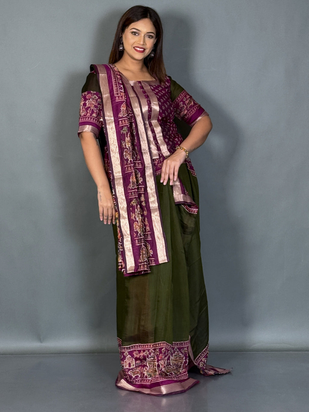 Aaranya Dark Olive & Wine Kalamkari Chanderi Insta Saree Set