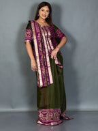 Aaranya Dark Olive & Wine Kalamkari Chanderi Insta Saree Set