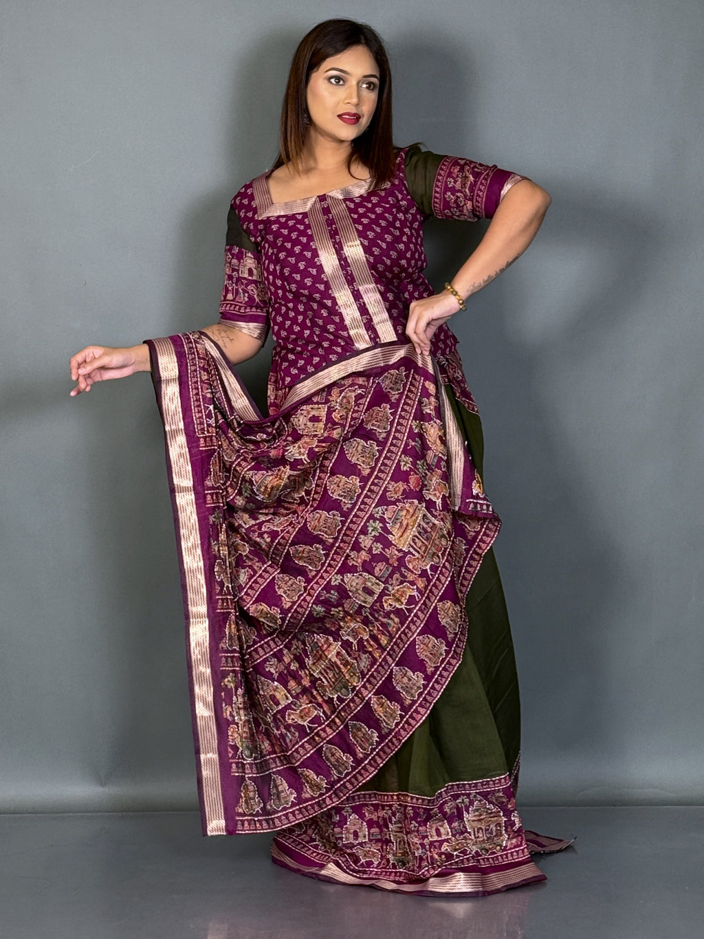 Aaranya Dark Olive & Wine Kalamkari Chanderi Insta Saree Set