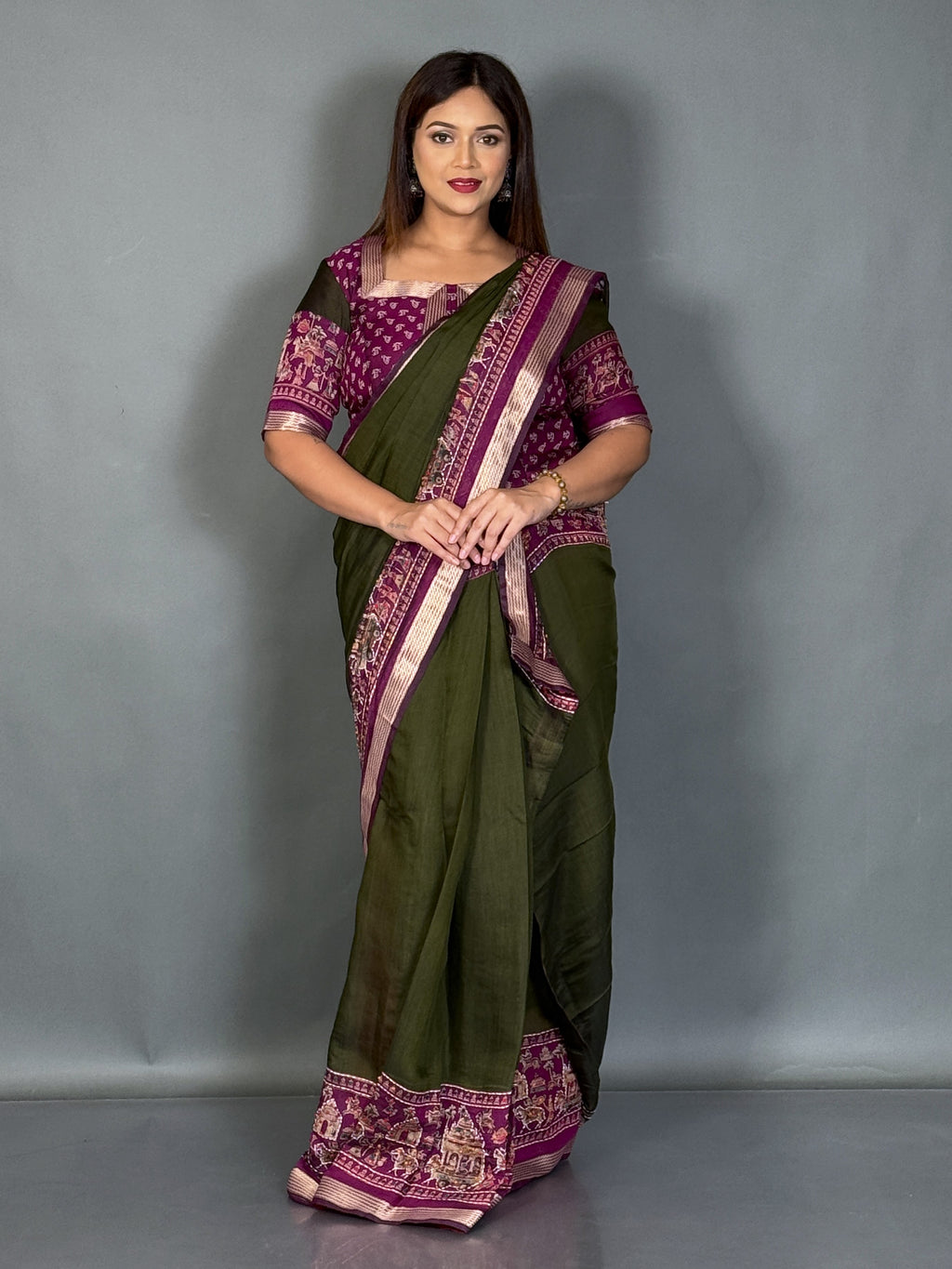 Aaranya Dark Olive & Wine Kalamkari Chanderi Insta Saree Set