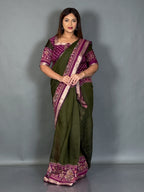 Aaranya Dark Olive & Wine Kalamkari Chanderi Insta Saree Set