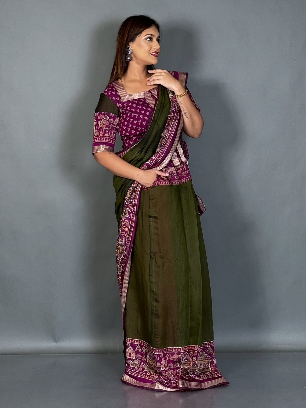 Aaranya Dark Olive & Wine Kalamkari Chanderi Insta Saree Set