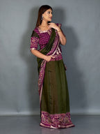 Aaranya Dark Olive & Wine Kalamkari Chanderi Insta Saree Set