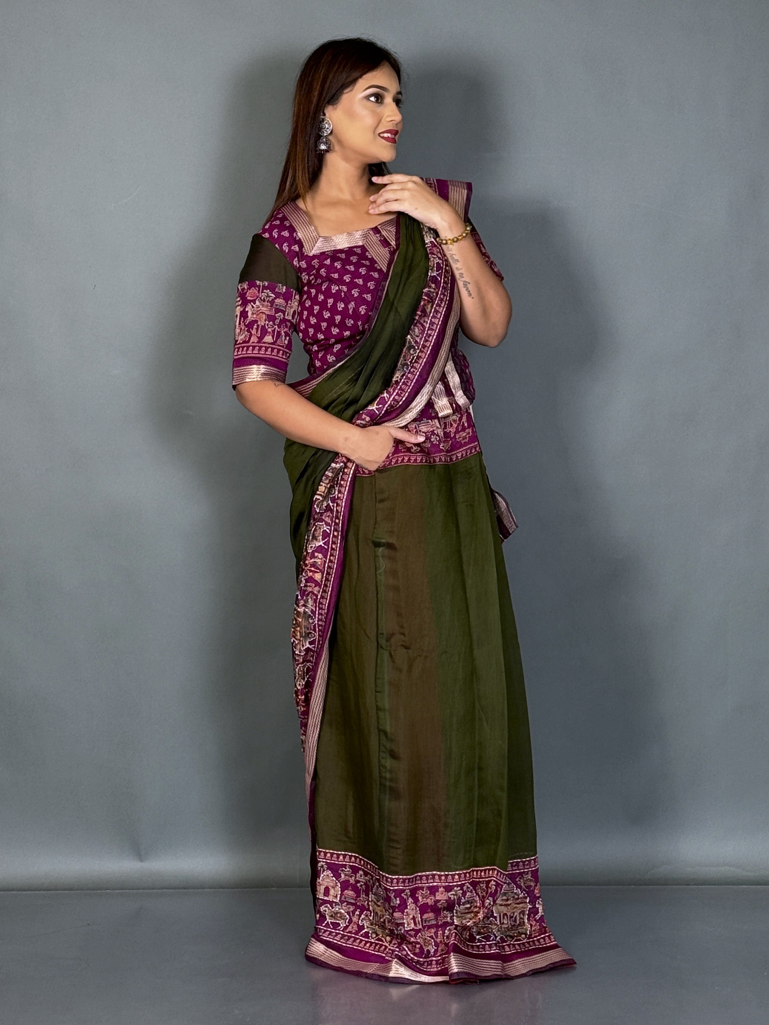 Aaranya Dark Olive & Wine Kalamkari Chanderi Insta Saree Set