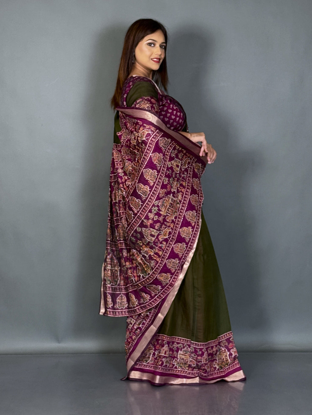Aaranya Dark Olive & Wine Kalamkari Chanderi Insta Saree Set