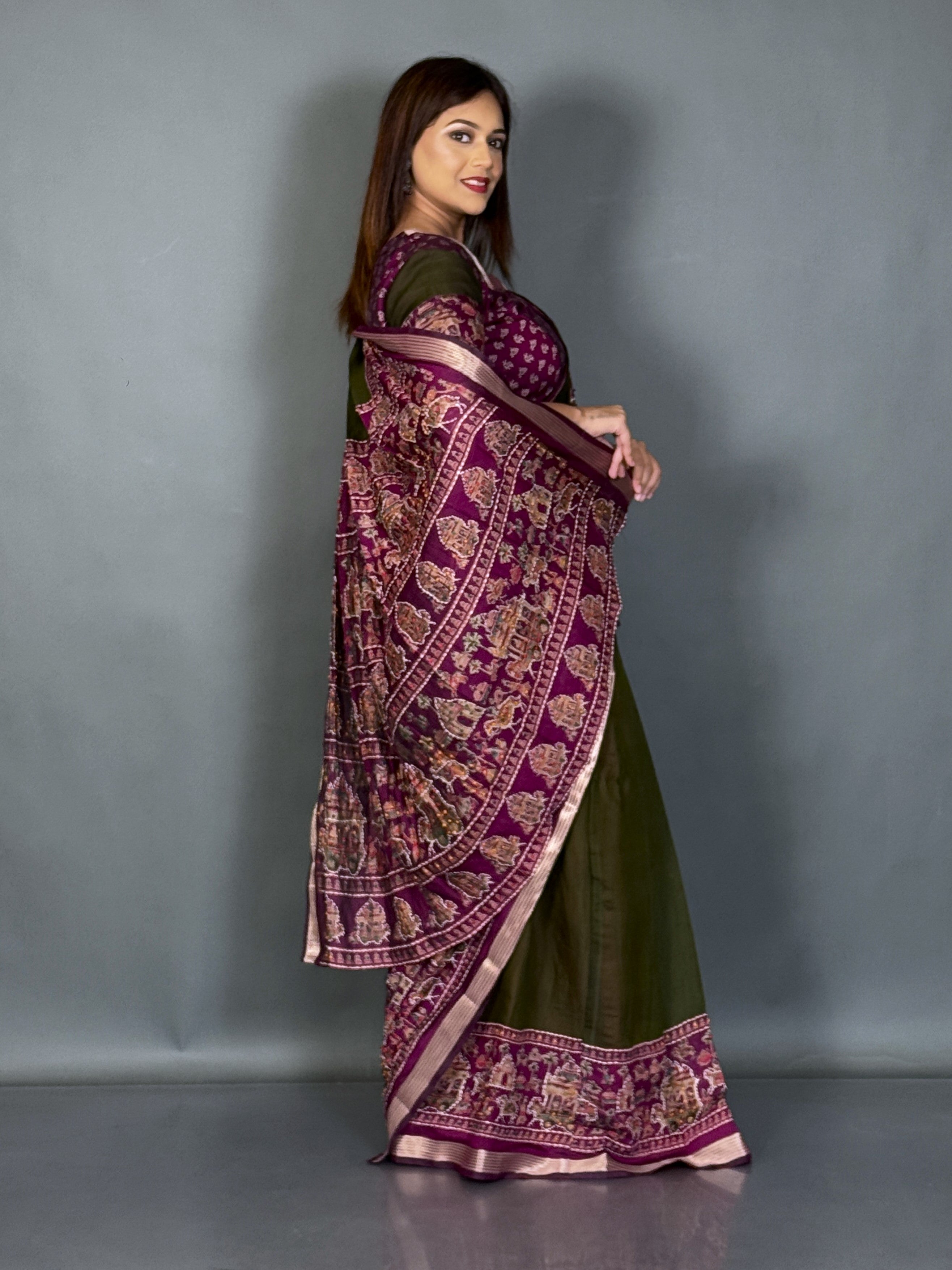 Aaranya Dark Olive & Wine Kalamkari Chanderi Insta Saree Set
