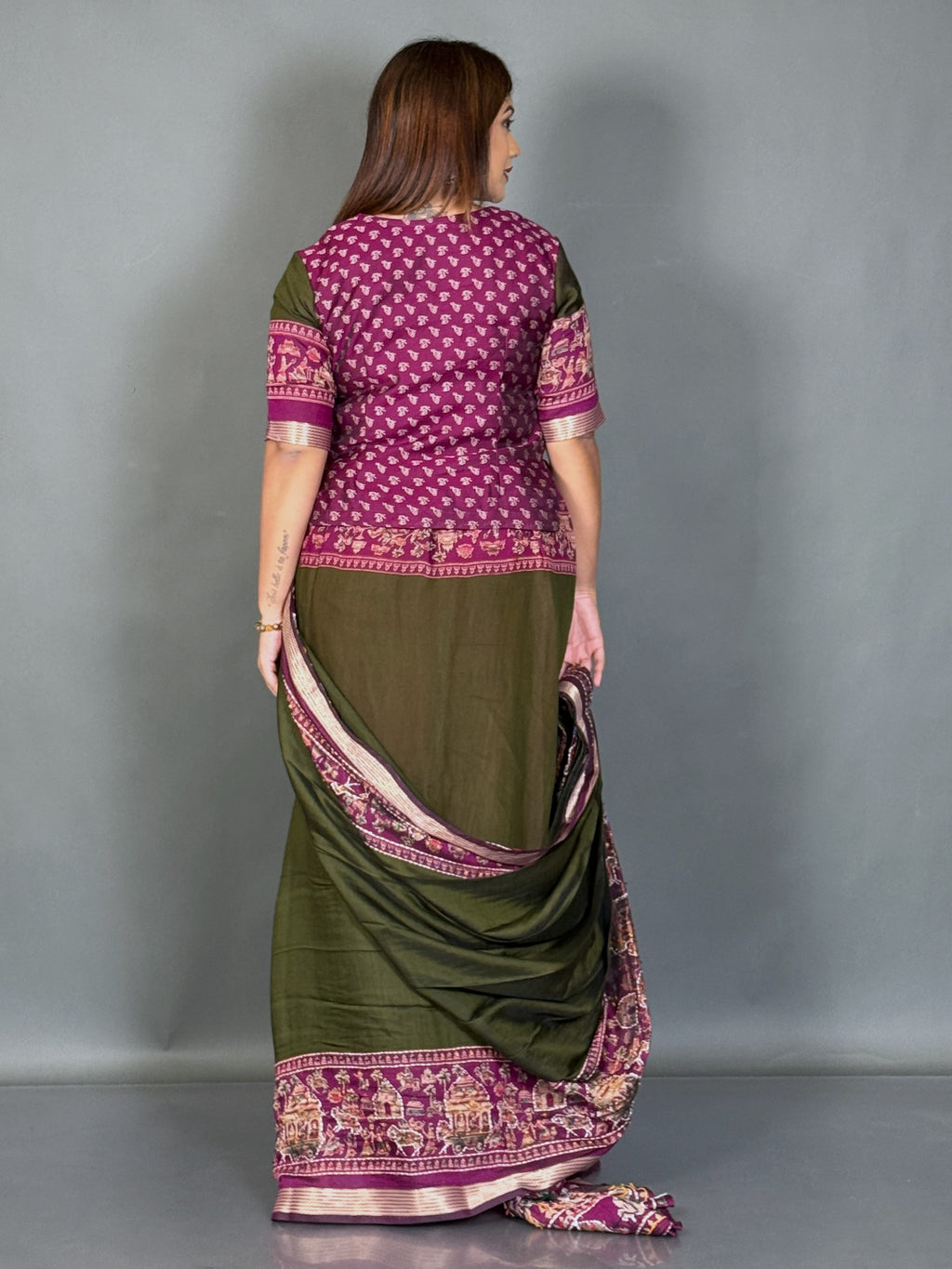 Aaranya Dark Olive & Wine Kalamkari Chanderi Insta Saree Set