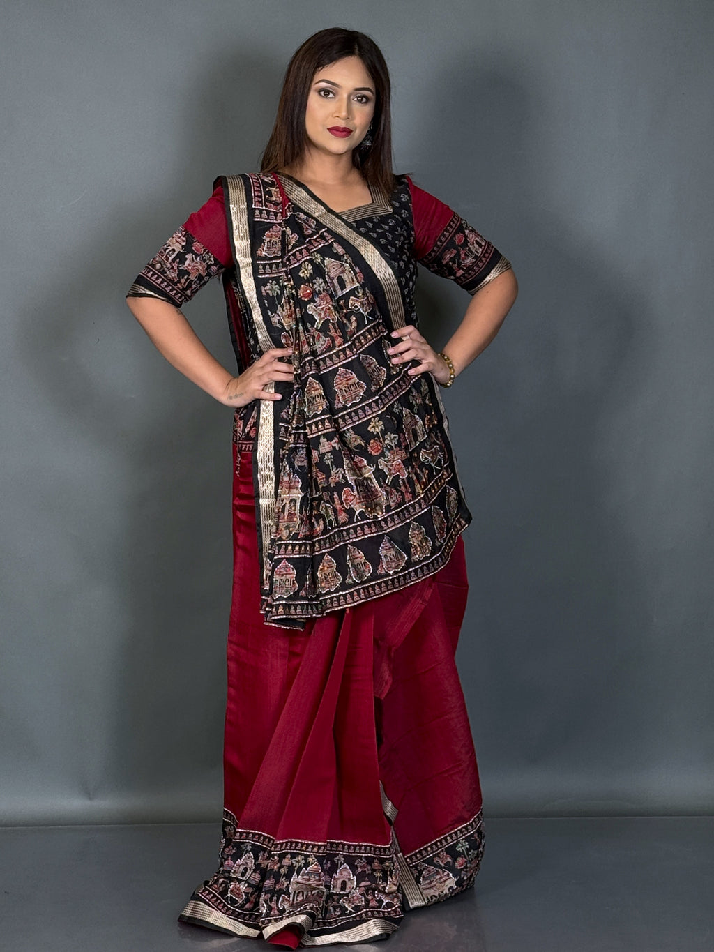 Midnight Muse Maroon & Black Kalamkari Chanderi Insta Saree Set