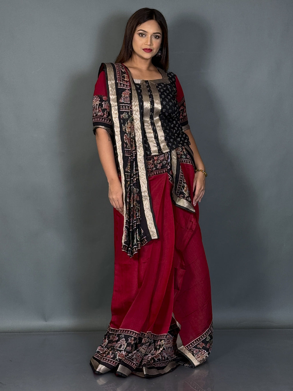 Midnight Muse Maroon & Black Kalamkari Chanderi Insta Saree Set