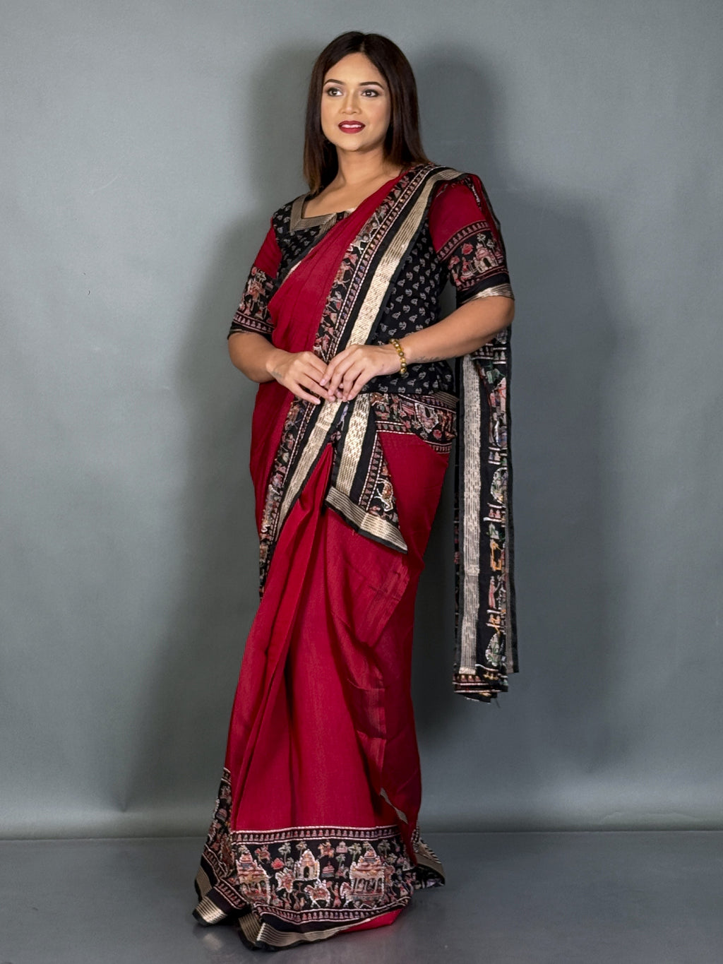 Midnight Muse Maroon & Black Kalamkari Chanderi Insta Saree Set