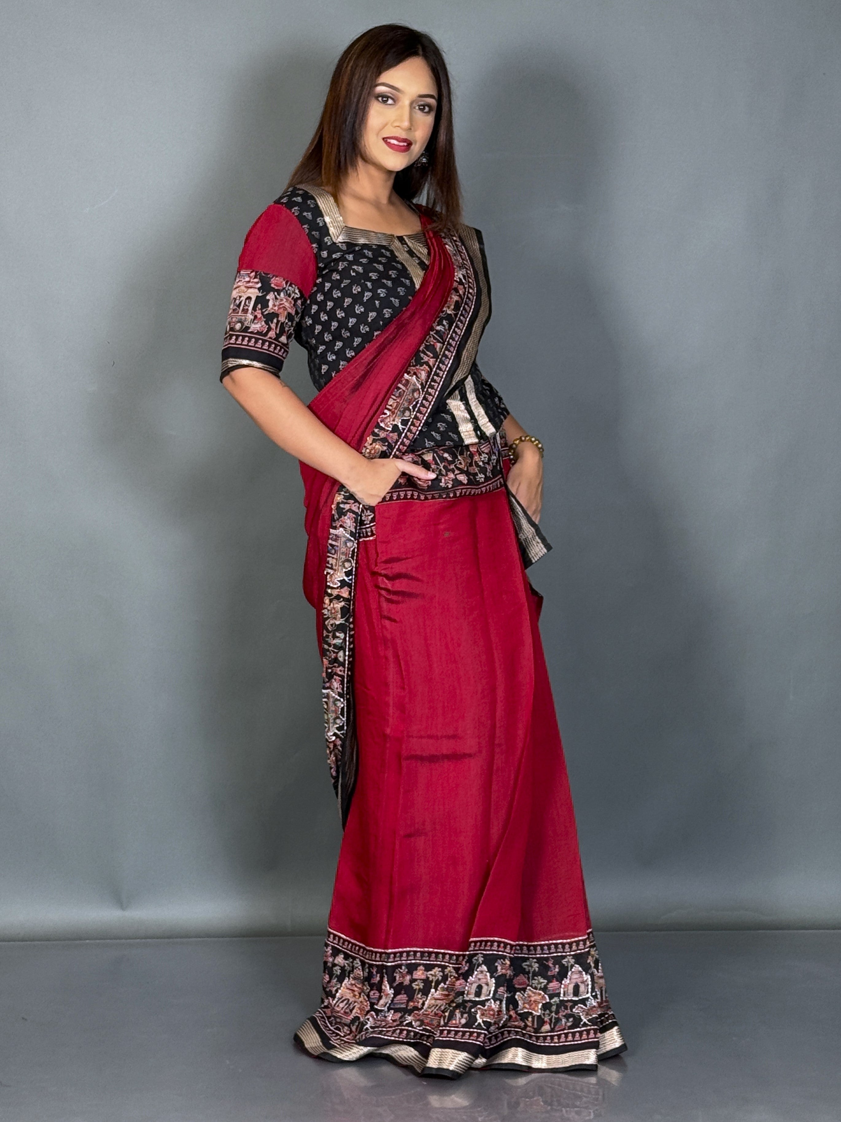 Midnight Muse Maroon & Black Kalamkari Chanderi Insta Saree Set