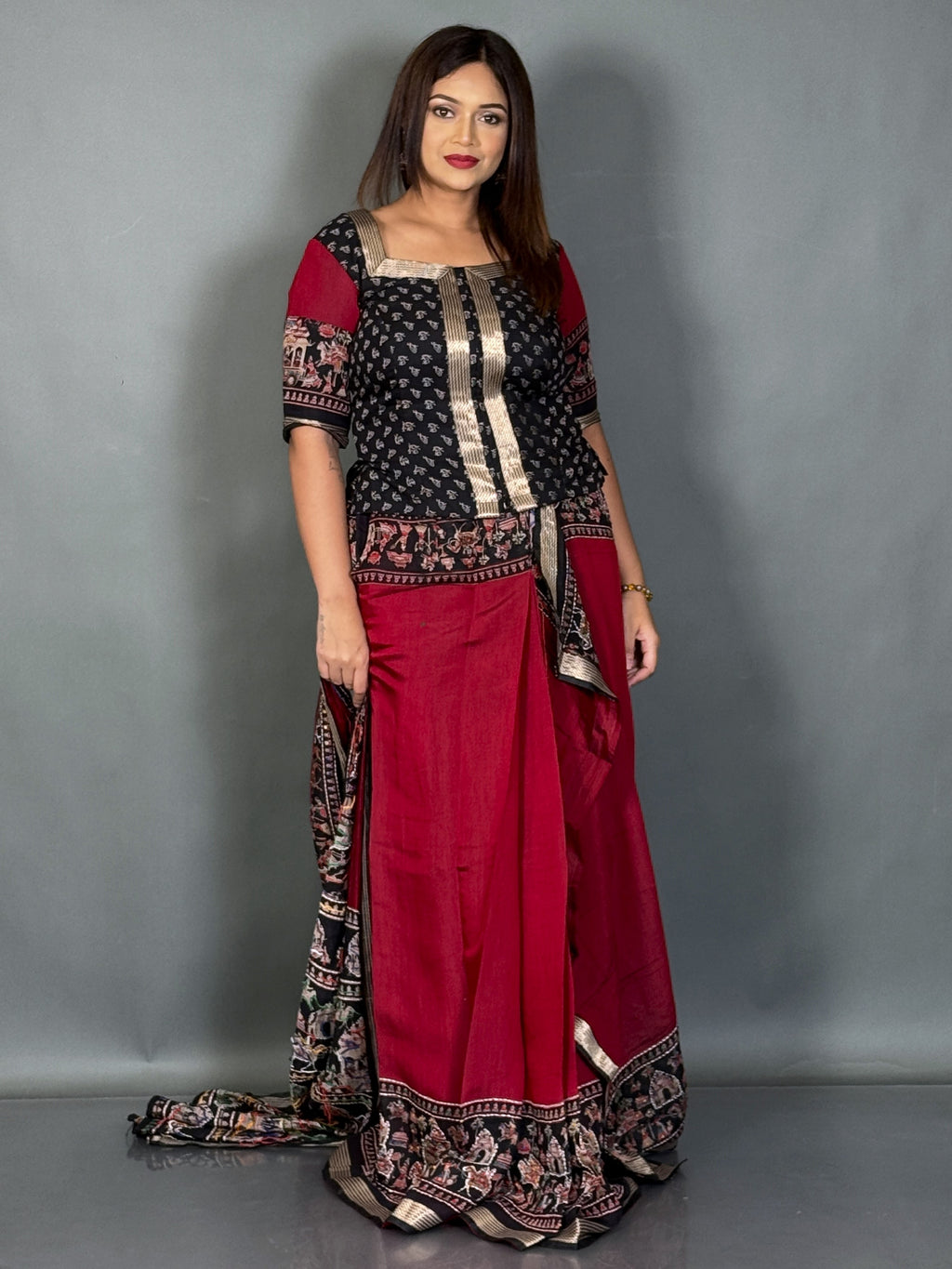 Midnight Muse Maroon & Black Kalamkari Chanderi Insta Saree Set