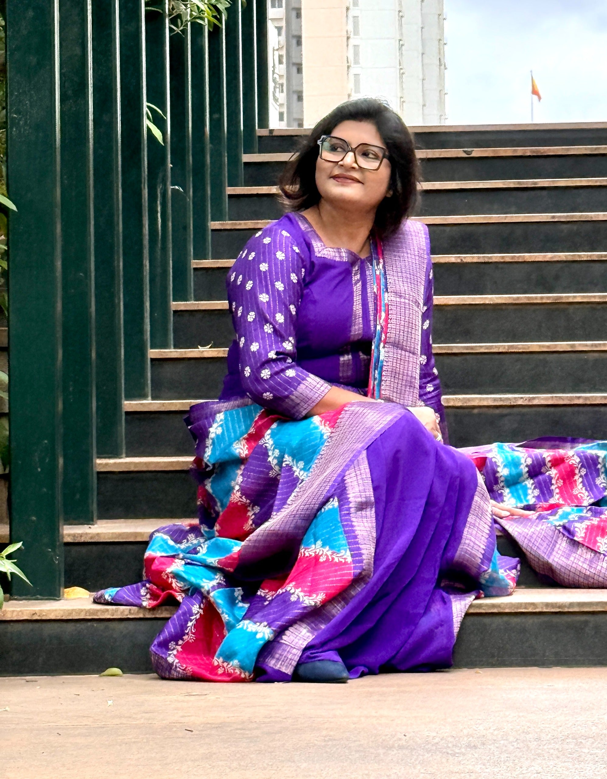 Purple & Multicolor Laheriya Fusion Lehenga Set