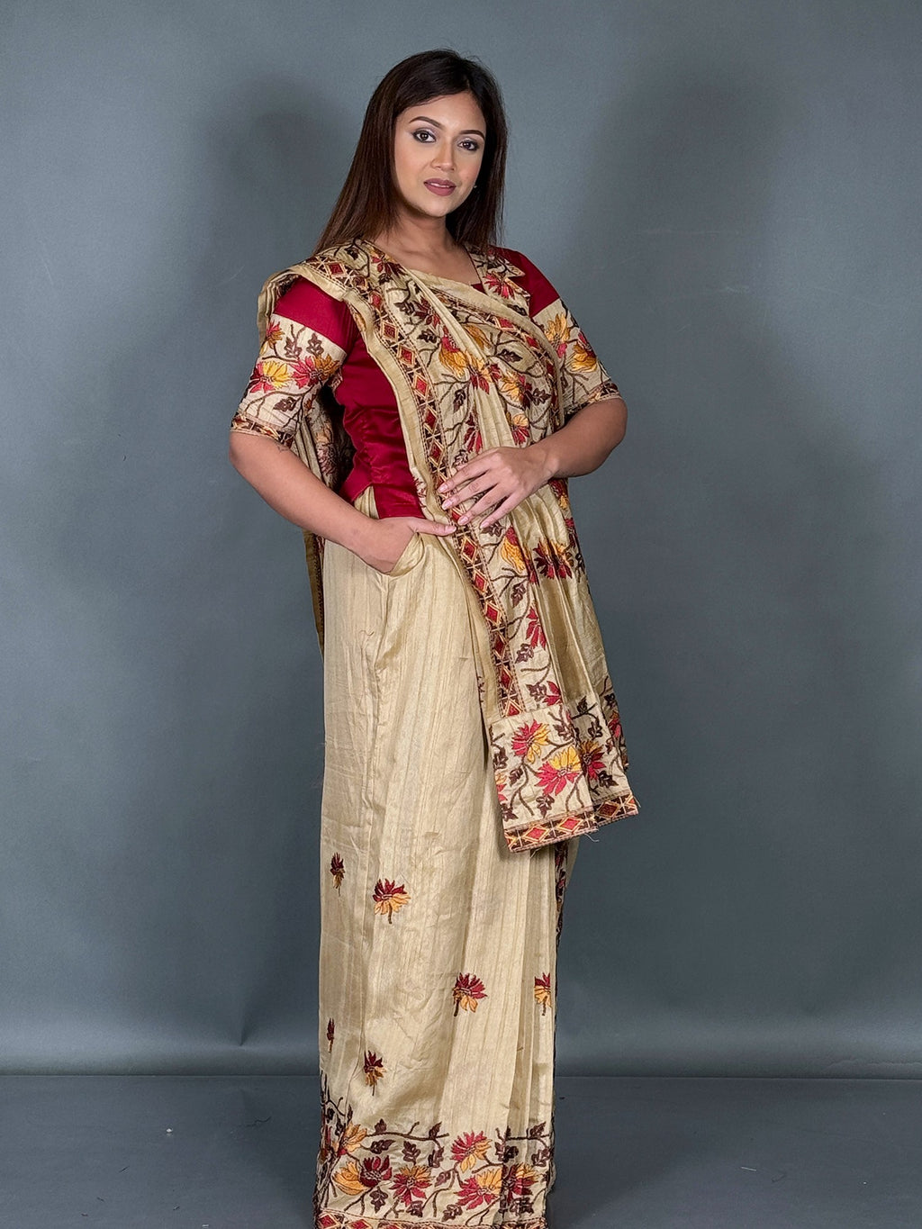 Tussar Muse Kantha Work Insta Saree Set