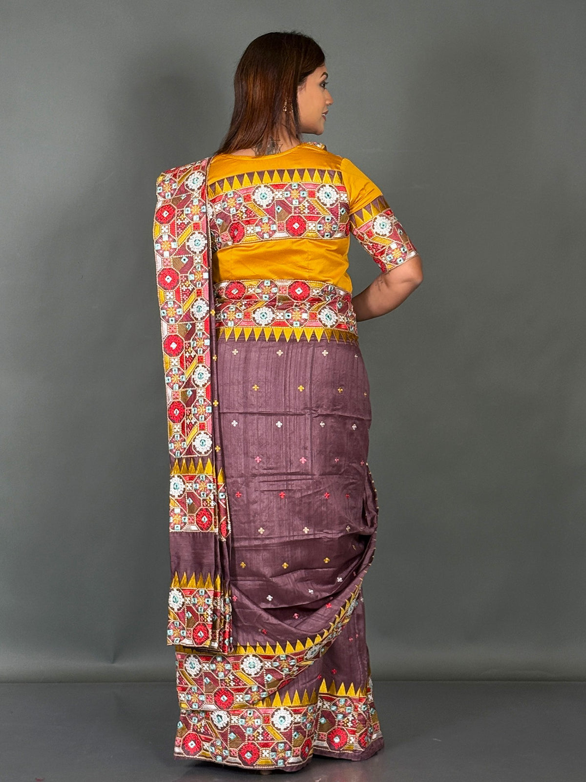 Mustard Choco Luxe Lambani Tussar Insta Saree Set