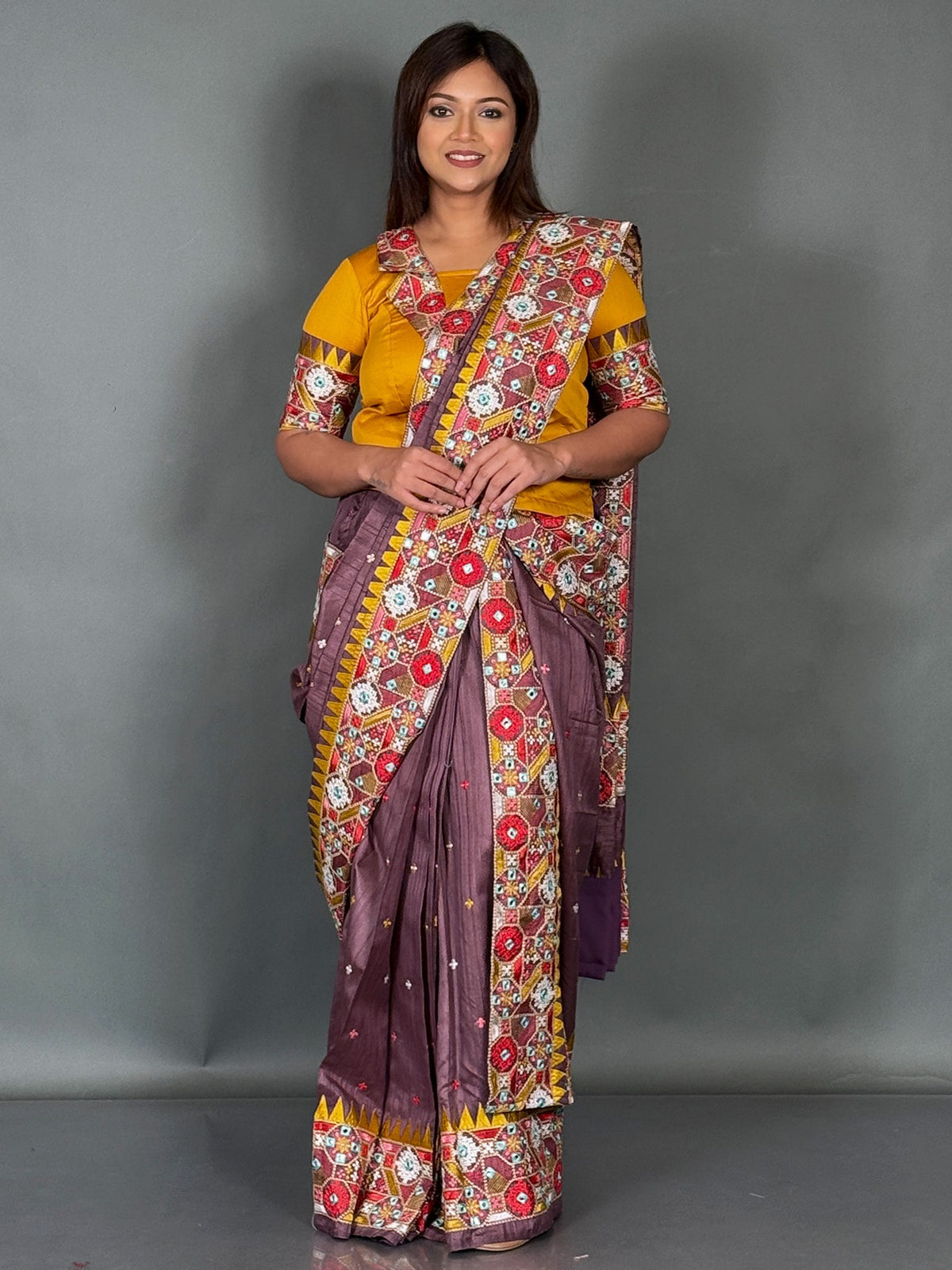 Mustard Choco Luxe Lambani Tussar Insta Saree Set