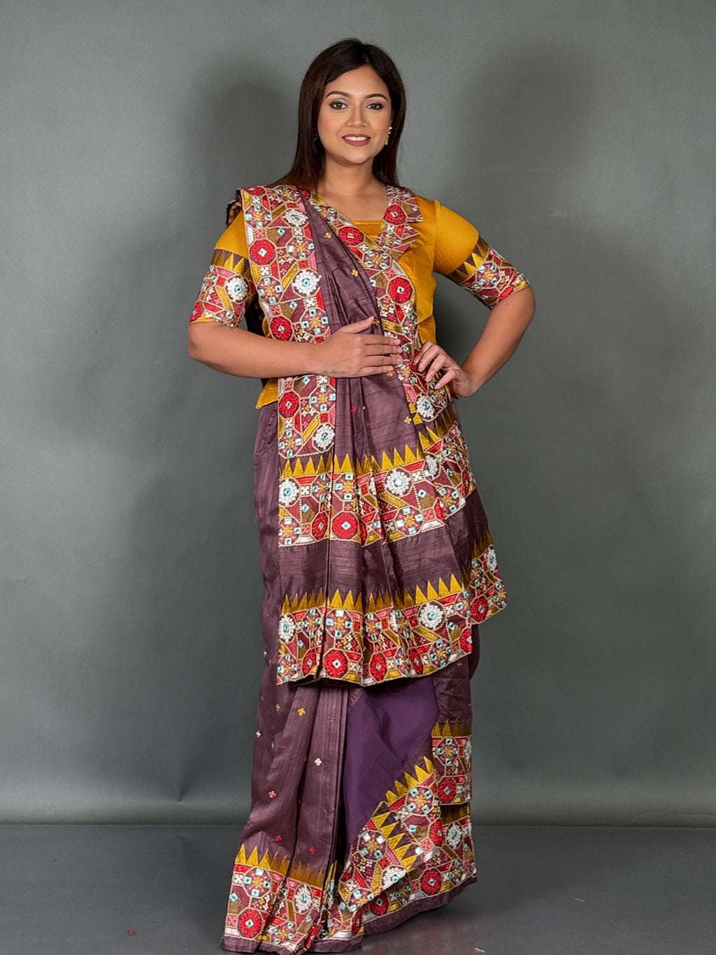 Mustard Choco Luxe Lambani Tussar Insta Saree Set