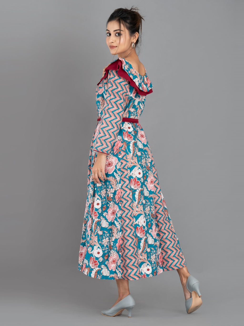 ZigFlora Charm – Maroon & Emerald Indo-Western Cotton Fusion Dress