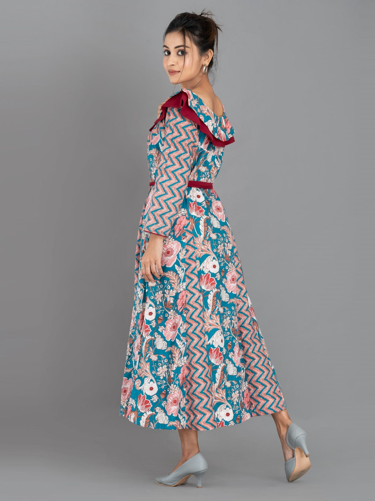ZigFlora Charm – Maroon & Emerald Indo-Western Cotton Fusion Dress