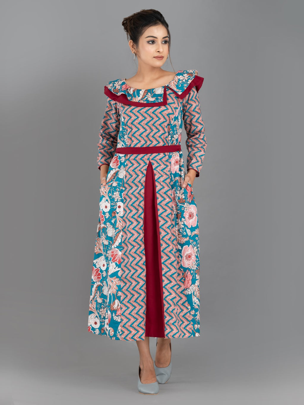 ZigFlora Charm – Maroon & Emerald Indo-Western Cotton Fusion Dress
