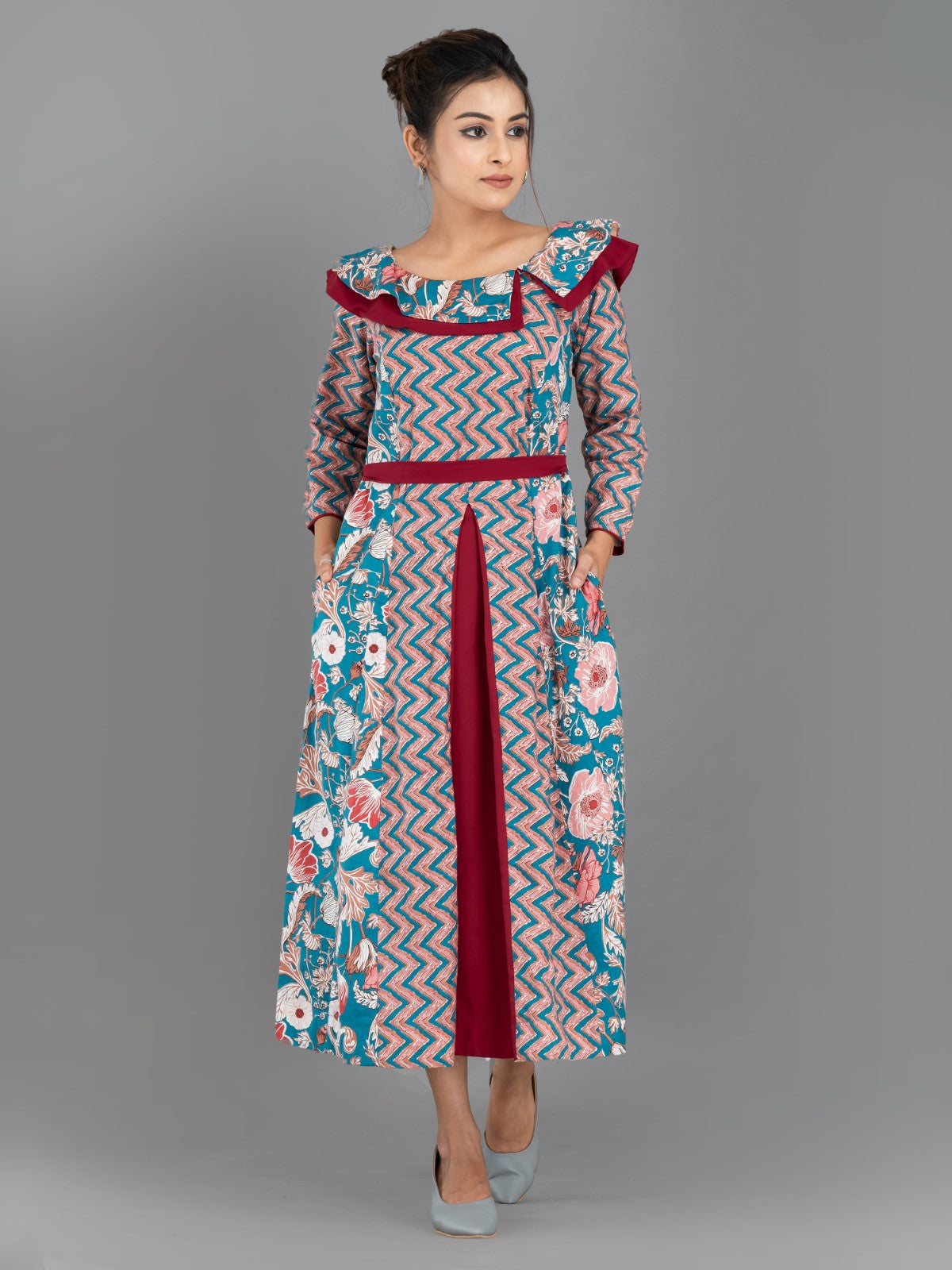 ZigFlora Charm – Maroon & Emerald Indo-Western Cotton Fusion Dress
