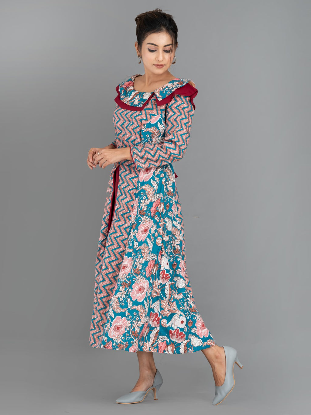 ZigFlora Charm – Maroon & Emerald Indo-Western Cotton Fusion Dress