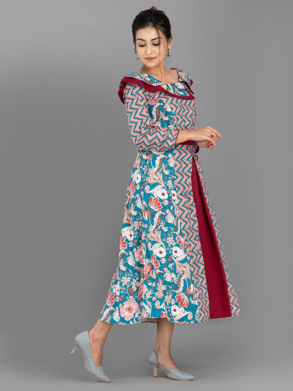 ZigFlora Charm – Maroon & Emerald Indo-Western Cotton Fusion Dress