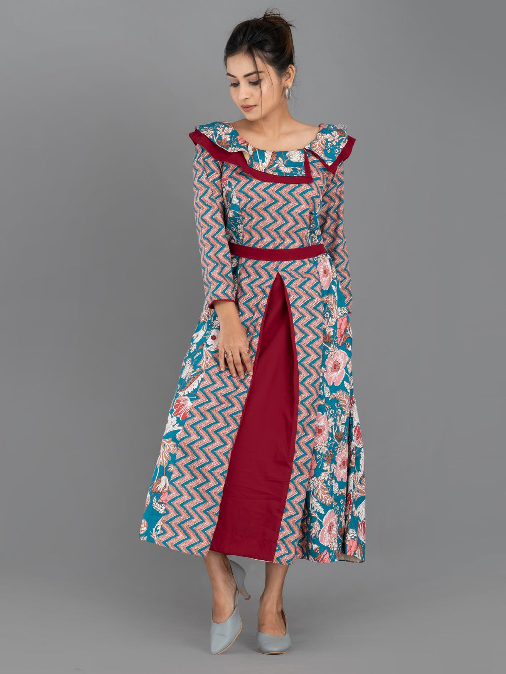 ZigFlora Charm – Maroon & Emerald Indo-Western Cotton Fusion Dress