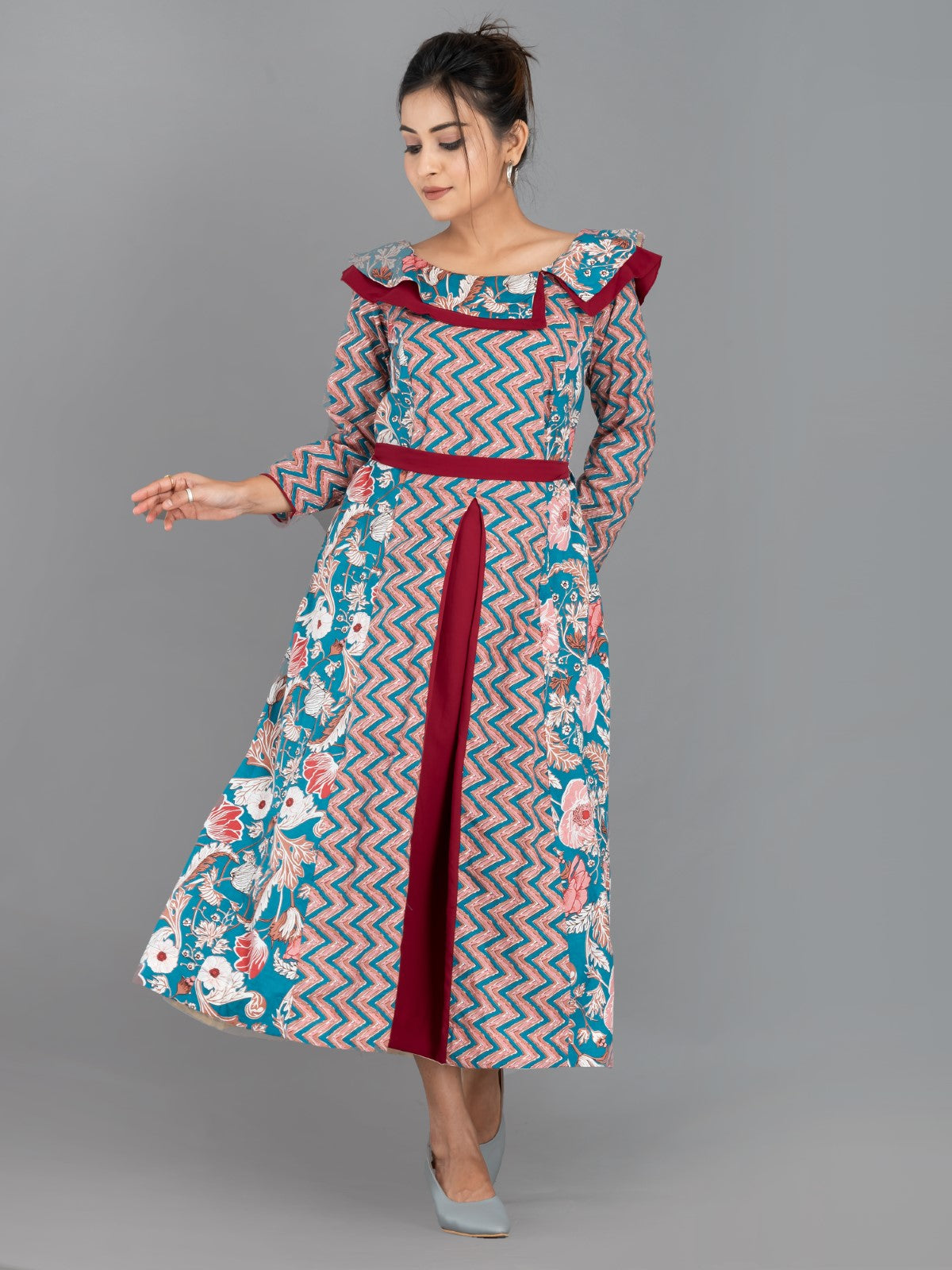 ZigFlora Charm – Maroon & Emerald Indo-Western Cotton Fusion Dress