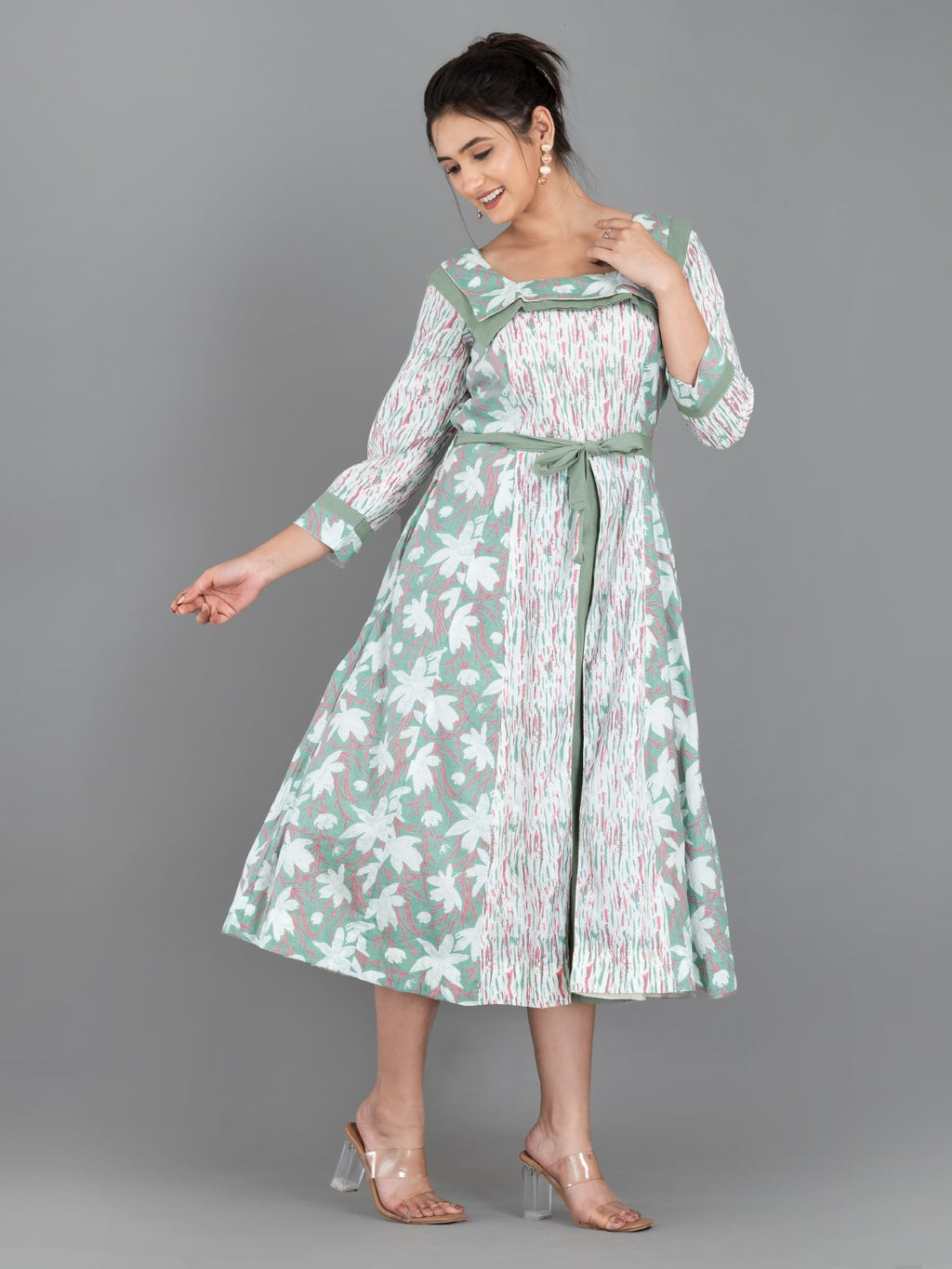 Mint Whisper – Pista Green & White Cotton Fusion Dress with Pockets