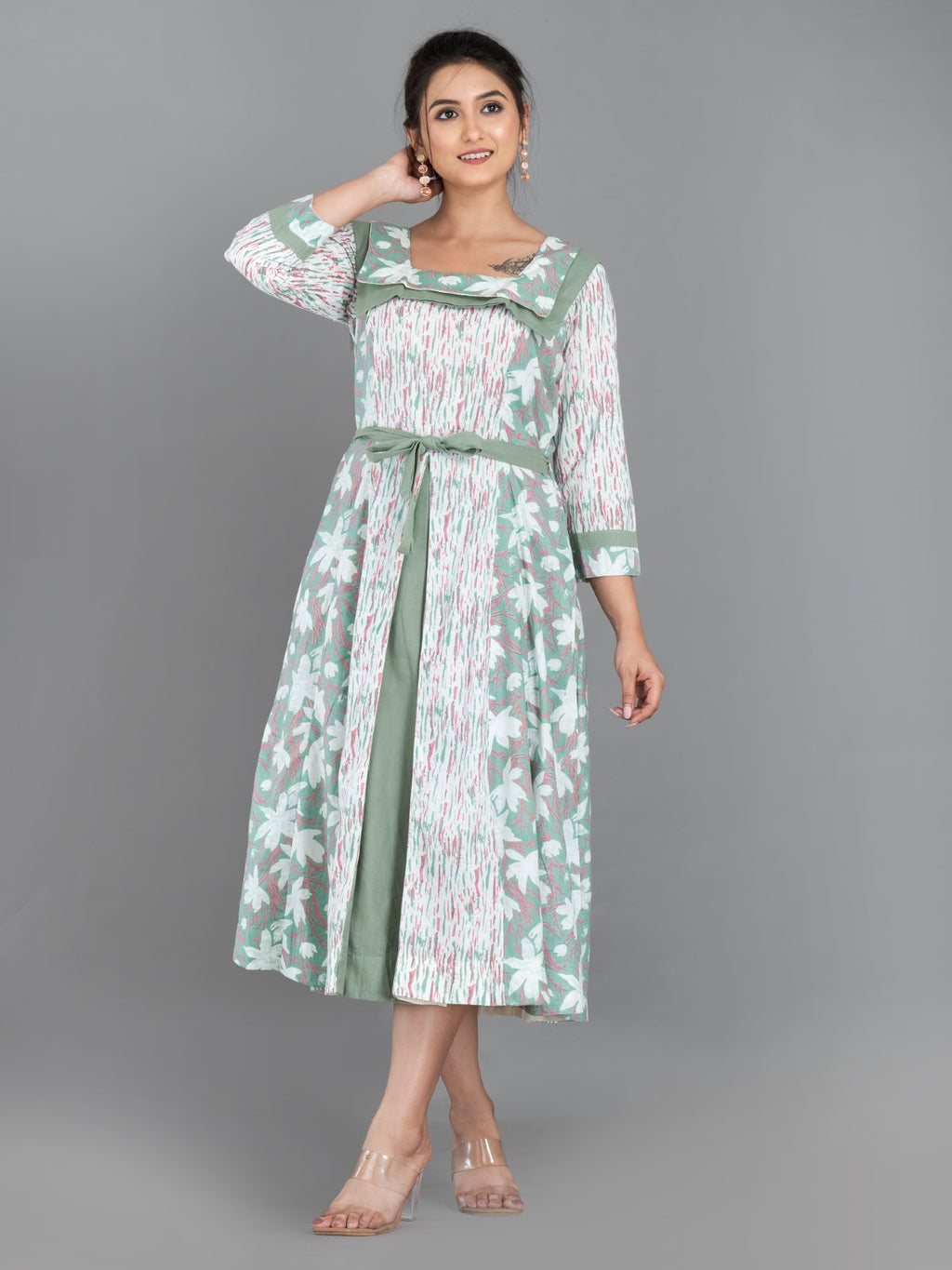 Mint Whisper – Pista Green & White Cotton Fusion Dress with Pockets