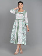 Mint Whisper – Pista Green & White Cotton Fusion Dress with Pockets