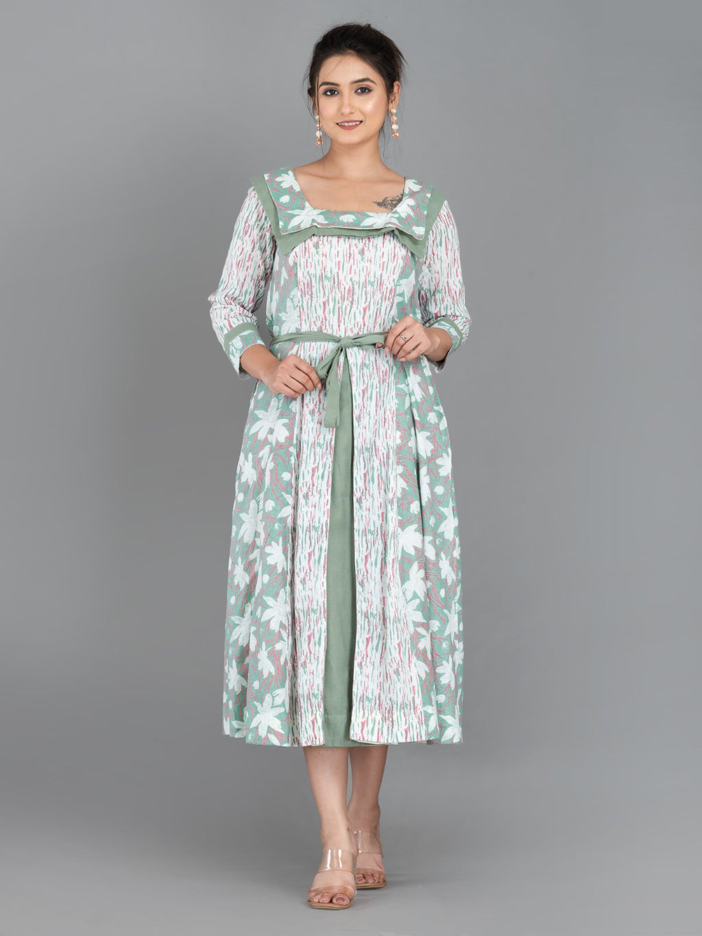 Mint Whisper – Pista Green & White Cotton Fusion Dress with Pockets